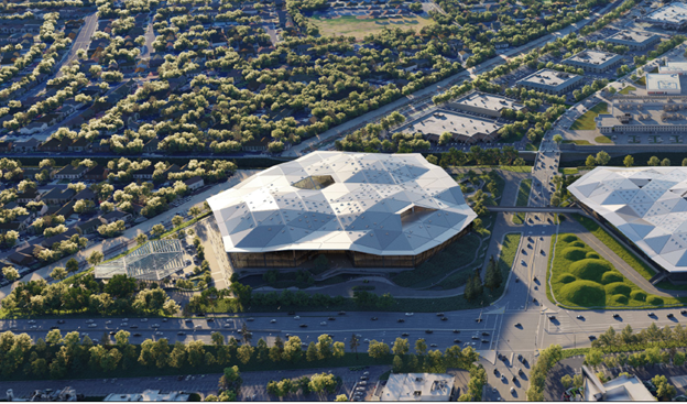Overhead rendering of a modern, three-story office/R&D building with three office levels over three-levels of underground parking, surrounded by landscaping and a surface parking lot with a photovoltaic trellis and a pedestrian bridge spanning Walsh Avenue.